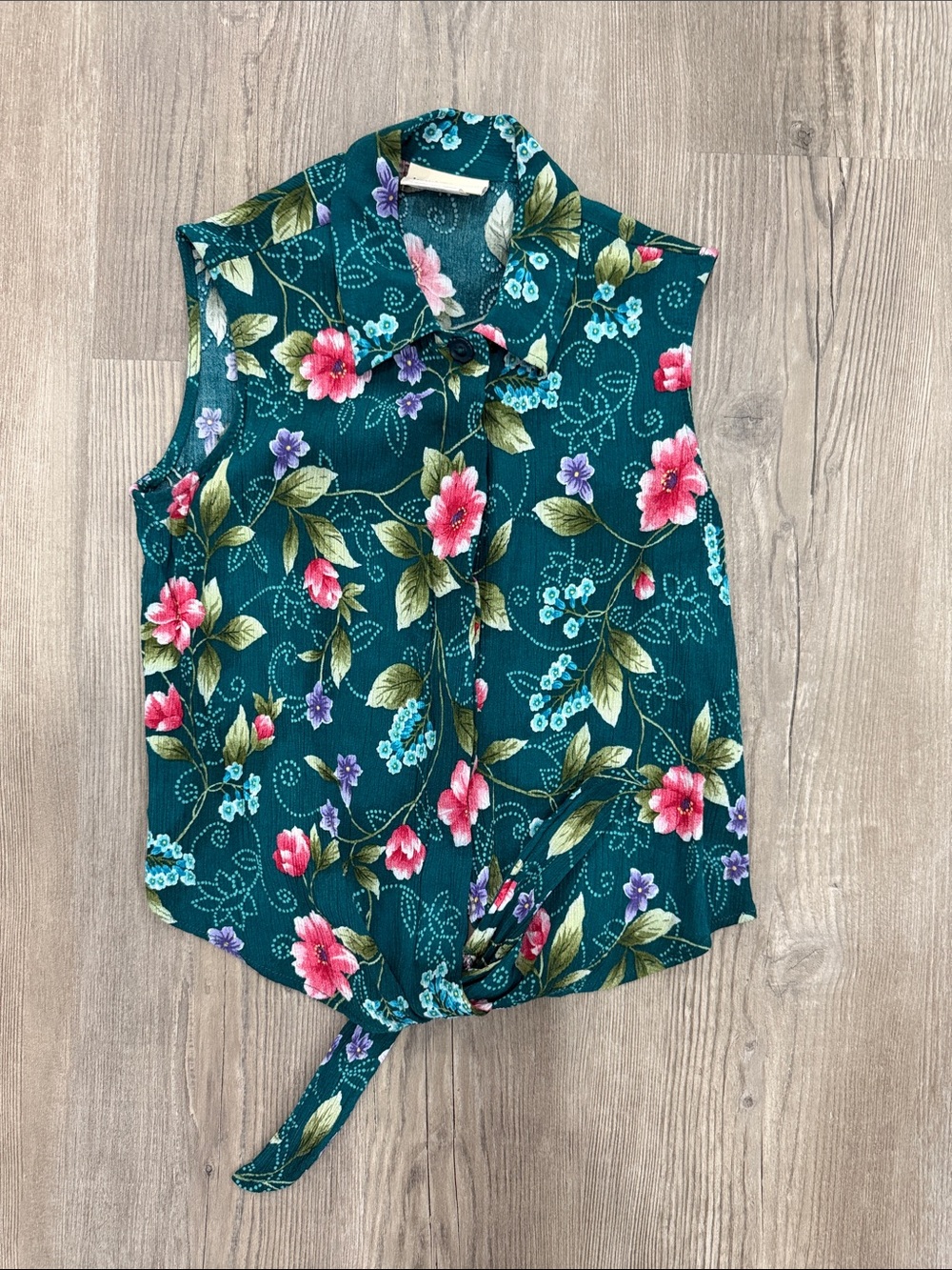 JACLYN SMITH Teal Floral Tie-Front Sleeveless Blouse